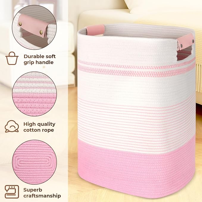 AINUOQI Laundry Basket with Handles - Blanket Basket & Hampers for Bedroom Aesthetic, Laundry Hamper & Blanket Storage for Living Room, Clothes Hamper, Tall, Large 17" x 14" x 22”, Pink & White - Image 3