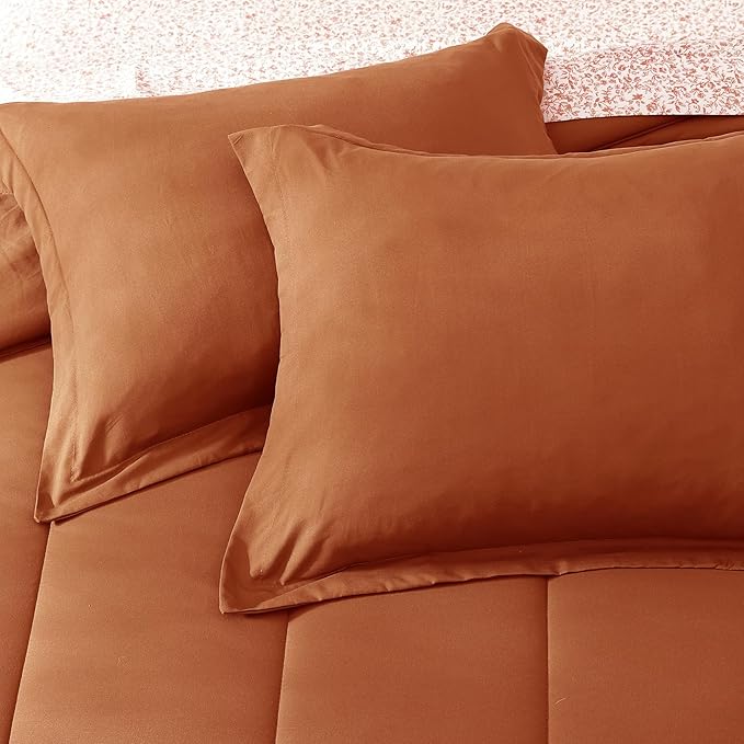 Monbix King Size Comforter Set - 7 Pieces Bed in a Bag King, Burnt Orange Track Stitching Bedding Sets, All Seasons Comforter Bed Set with Sheets
