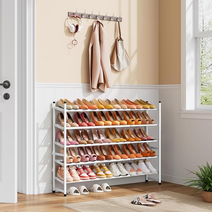 Tajsoon Expandable Shoe Rack for Closet 5 Tier, 29“-41“Adjustable & Stackable Shoe Shelf Storage, Metal Shoe Rack Organizer for Front Door Entrance, Closet, Garage, Entryway, White - Image 2