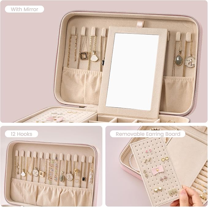 Lolalet Travel Jewelry Case for Women Girls, Travel Jewelry Organizer Box with Mirror & Clear Storage Bag, Small Portable Earring Necklace Bracelet Ring Case, Birthday Valentine Gifts -Large, Pink - Image 5