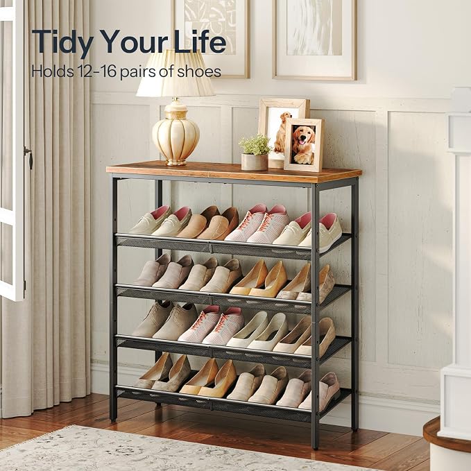 HOOBRO Shoe Rack for Entryway, 5-Tier Shoe Organizer with Adjustable Mesh Shelves, 16-20 Pairs of Shoes, Spacious Floor Mount, Metal, Industrial, Shoe Shelf for Closet, Rustic Brown BF12XJ01 - Image 5