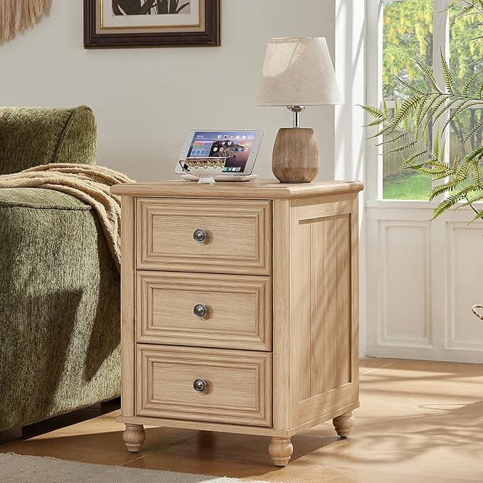 RWYHG 18" Farmhouse Night Stand Set of 2, Natural Wood Nightstand with 3 Drawers, Bedside End Table with Storage and Roman Column, Bed Side Tables Cabinet for Bedroom, Living Room, and Closet
