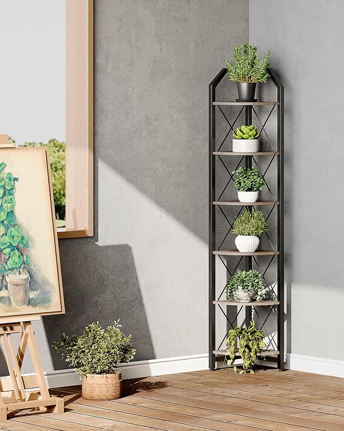 CHOEZON 6-Tier Corner Shelf, Industrial Corner Bookshelf, 71.2" Corner Storage Stand, Plant Stand Display Shelf, Corner Bookcase for Bedroom, Living Room, Home Office, Greige and Black TCJ11BG - Image 7