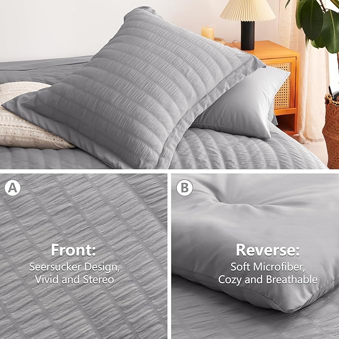 CozyLux Full Size Comforter Sets with Sheets 7 Pieces, Grey Seersucker Bed in a Bag Textured Luxury Soft Bedding Set with Down Alternative Comforter, Sheets, Pillowcases & Shams for All Season, Gray