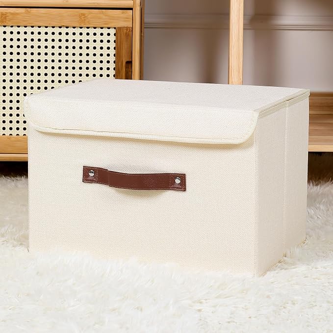 ANMINY Storage Bin with Lid Storage Boxes with PU Leather Handles PP Plastic Board Decorative Foldable Lidded Cotton Linen Fabric Home Cubes Baskets Closet Organizer Container - Beige, Large Size - Image 6