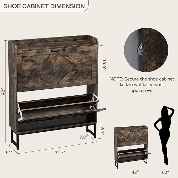 Nicetree Shoe Cabinet with 2 Flip Drawers, Freestanding Shoe Storage Cabinet with Metal Legs, Farmhouse Shoe Organizer for Entryway, Foyer, Hallway - Image 2