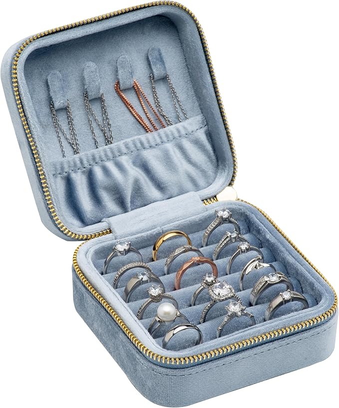 Velvet Multiple Square Ring Box Jewelry Organizer Display Tray with Zipper Around, Earring Holder Case for Wedding Birthday Christmas Valentine Day (Light Ocean Blue) by COWFEX