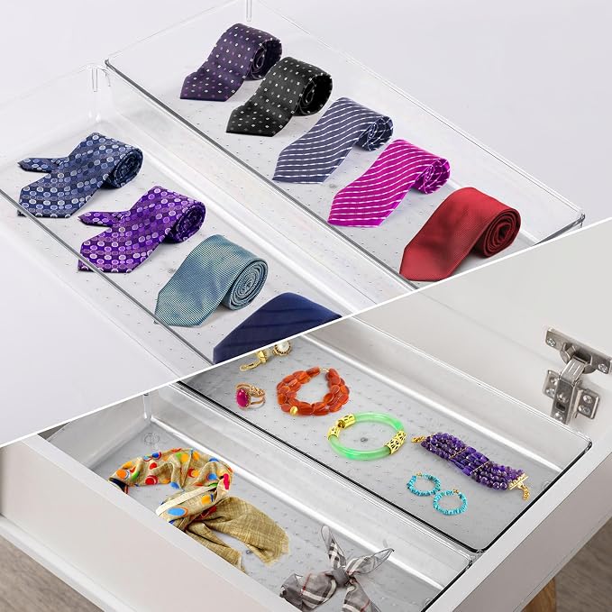 Ohlove 6 Pcs Large Clear Plastic Drawer Organizers Tray 15" x 6.3" Storage Bins with 25 Pcs Non-Slip Pads for Makeup, Jewelries, Kitchen Utensils, Bathroom and Office - Image 7