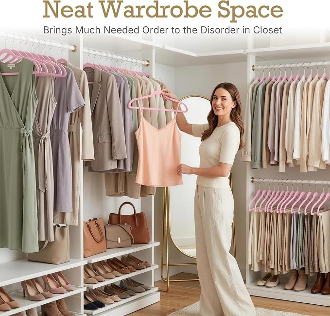 HOUSE DAY Lt Pink Velvet Hangers 60 Pack, Non Slip Clothes Felt Hanger Heavy Duty for Coat, Premium Slim Space Saving Suit Hangers for Closet Organizer, 360° Rotating Silver Hook - Image 9