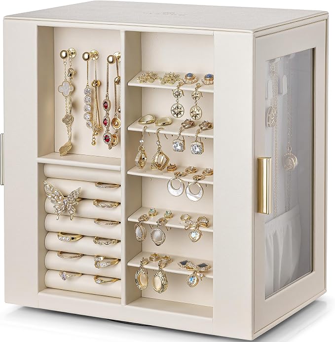 VLANDO 360ｰ Rotating Jewelry Box with 5 Drawers, Mothers Day Mom Gifts, Large Jewelry Storage with 2 Glass Window, PU Leather Jewelry Organizer for Bracelets, Necklaces, Earrings, Rings - Cloud White by VLANDO