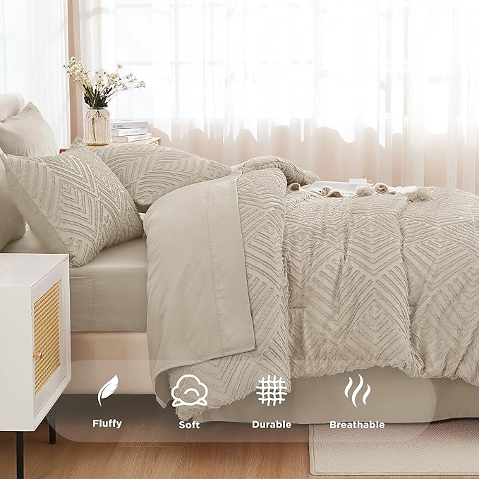 Andency Oatmeal Super King Plus Size Comforter Set with Sheets - 7 Pieces Bed in a Bag Boho Tufted Bedding Sets Fluffy Lightweight Oversized King Bed Set with Comforter, Sheets, Pillowcases & Shams