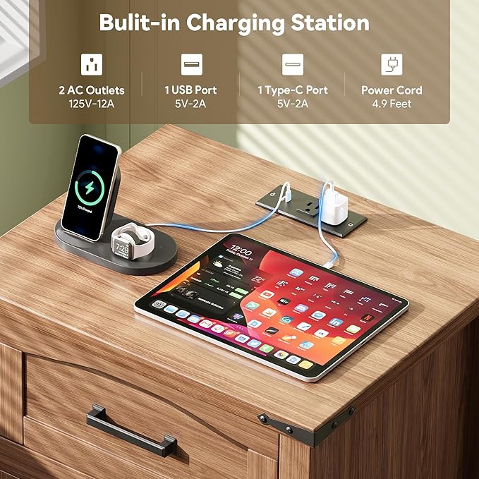Decofy Farmhouse Nightstand with Charging Station, 18'' Wide Rustic End Table with USB/Type-C Ports, 3 Drawers, Wood Bedside Table for Bedroom, Walnut