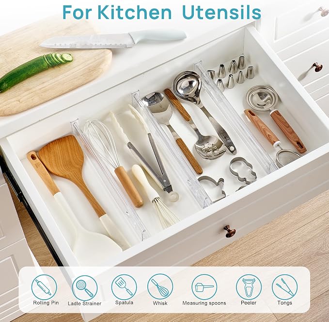 Vtopmart 4 Pack 2.36" Short Upgrade Drawer Dividers for Kitchen Drawer, 12.8"-22.3" Expandable Kitchen Drawer Organizer, Clear Plastic Organizer Separator for Flatware, Utensil, Cutlery, Underwear - Image 3