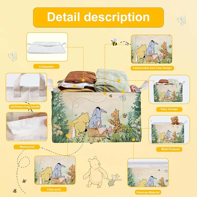 Winnie Nursery Decor, the Pooh Baby Stuff, Winnie Storage Nursery Basket, Large squarecanvas Laundry Hamper With A Waterproof PECoating, Foldable, Toys Bin, Baby Nursery HamperDecor, Classic - Image 3