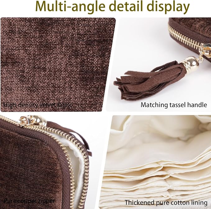 ASINGYER Travel Jewelry Storage Bag for Women, Velvet Portable Jewelry Organizer with Tassel Zipper, Small Pouches for Bracelets Necklaces Rings Earrings, Wedding Gift for Women (coffee brown) - Image 5