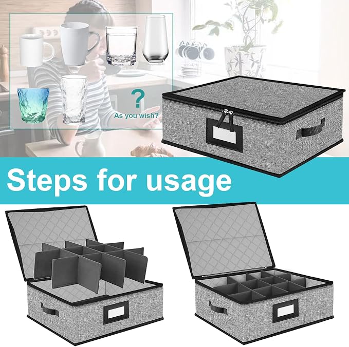 Quilted Mug Cup Storage Box-China Storage Containers Hard Shell,Cup Storage Containers with Lid for Moving Transport,Kichen Dinnerware Storage - Image 2