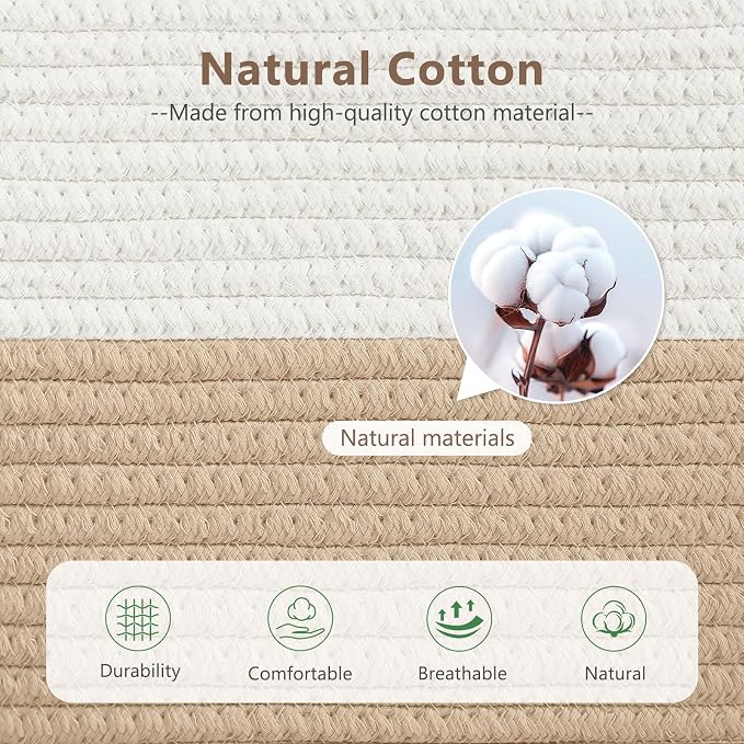 ECDYQXVU Cotton Rope Storage Baskets,15x10x9 in,Foldable Storage Bins, Decorative Woven Basket Cube Storage Organizer for Laundry, Towel, Clothes (White/Beige-3Pack, 15x10x9 inches) - Image 3