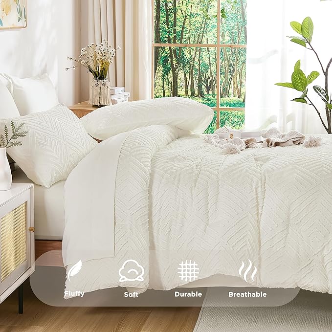 Andency Queen Comforter Set 7 Piece Ivory - Bed in a Bag Queen Boho Lightweight Fluffy Tufted Bedding Sets with Comforter, Sheets, Pillowcases & Shams