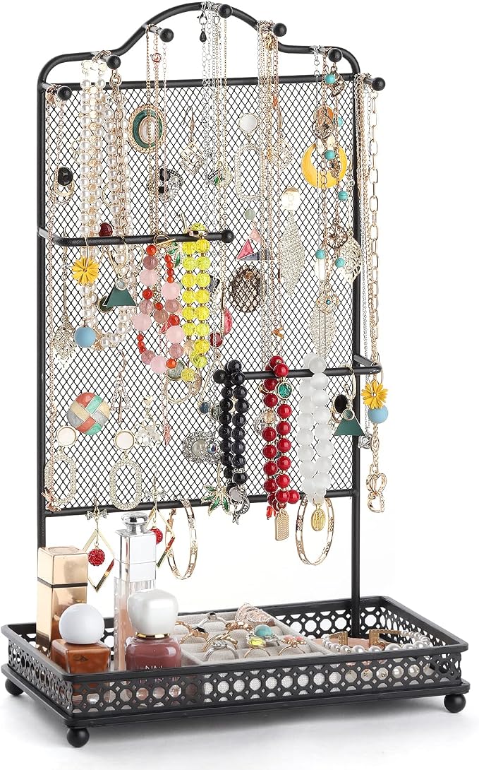 Meangood Black Jewelry Organizer Stand, Earring Holder Rack for Hanging Earrings Necklace Bracelets Watches Jewelry Display Large Rings Storage as Women Gift by Meangood