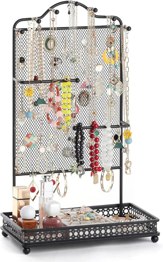 Meangood Black Jewelry Organizer Stand, Earring Holder Rack for Hanging Earrings Necklace Bracelets Watches Jewelry Display Large Rings Storage as Women Gift by Meangood