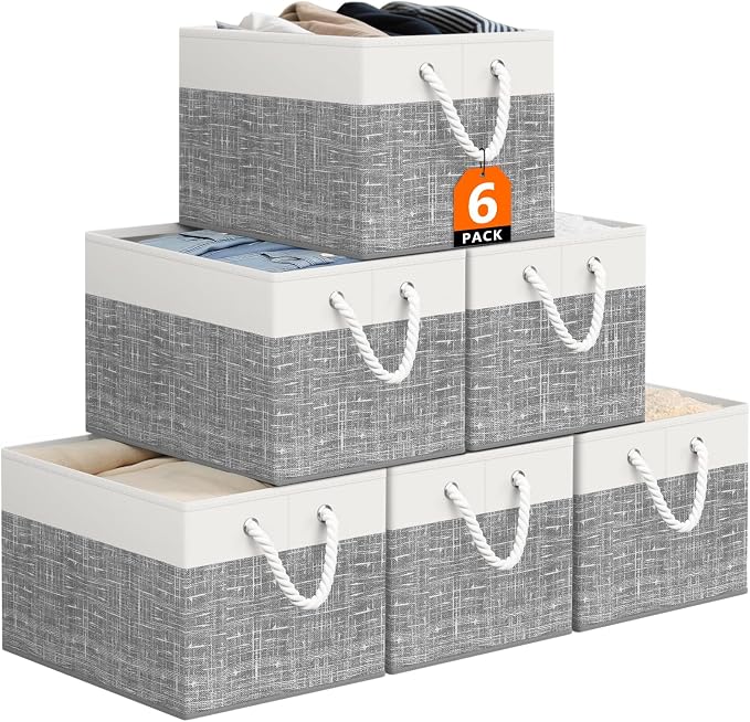 StorageTastic Storage Bin,Collapsible Storage Basket For Organizing,Large Storage Boxes With Rope Handles,Storage Containers,White & Grey,6 Pack by StorageTastic