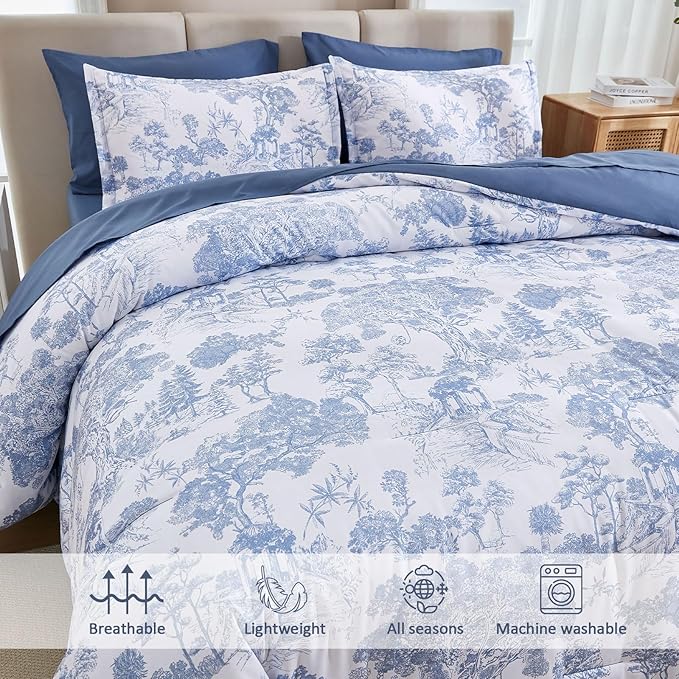 DJY Blue Comforter Set California King Size,7 Pieces Bed in a Bag Botanical Comforters with Sheets Elegant Plants Print Soft Microfiber Reversible Complete Bedding Sets for All Season