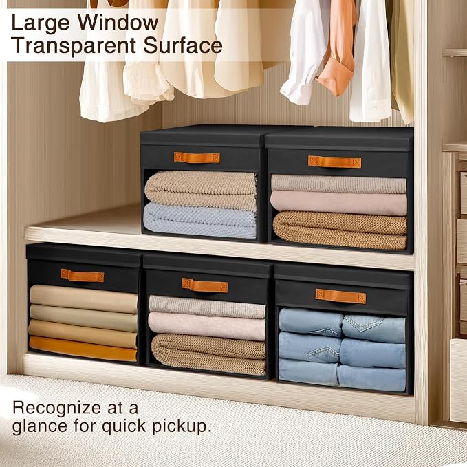 Homsorout Large Storage Bins with Lids - 4 Pack Foldable Decorative Organizers with Clear Windows & Handles, Cube Storage Organizers for Clothes, Blankets, Sweaters, Sheets, Black - Image 5