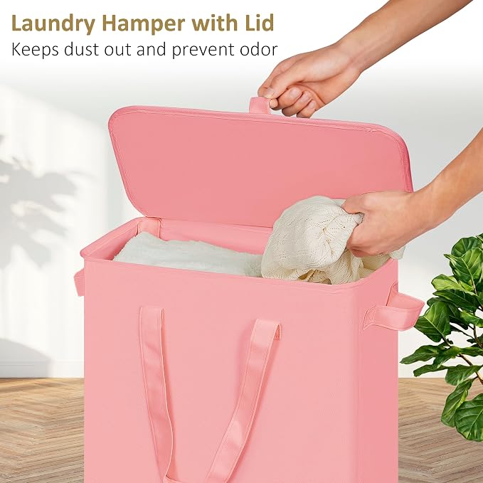 efluky Slim Laundry Basket with Lid, Narrow Laundry Hamper with Handles, Collapsible Dirty Clothes Hamper, Tall Laundry Bin for Laundry Room, Dorm and Bedroom, 55L Pink - Image 3