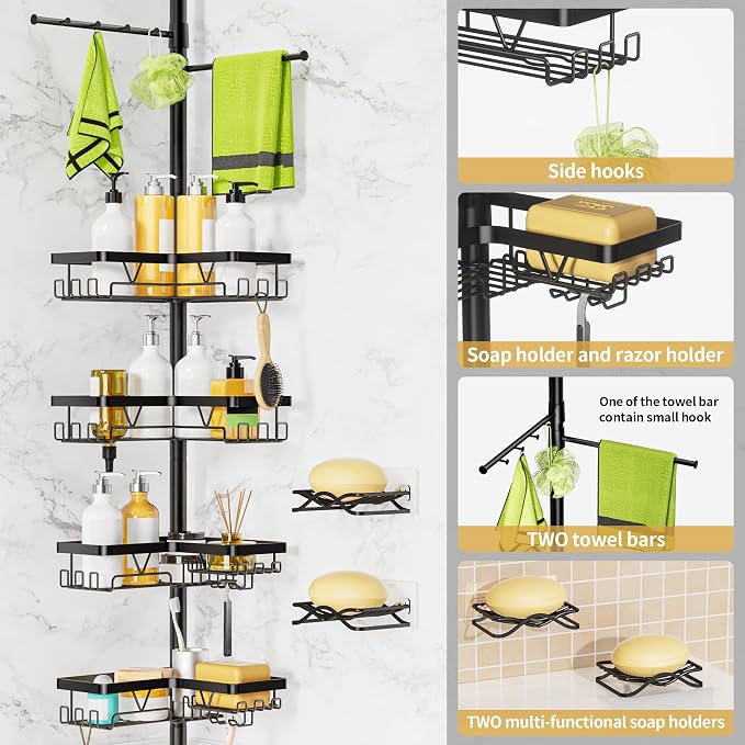 DAOYA Shower Caddy Tension Pole, 4 Adjustable Corner Shower Caddy with 2 Towel Bars & 2 Soap Holders, Expands 25 to 114.2 Inches, Black Stainless Steel for bathroom/Tub/Corner - Image 2