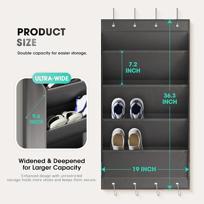 WVM Over The Door Shoe Organizer with Large Deep Pockets, Hanging Closet Shoe Rack for Large Shoes, Boots, Multifunctional Entryway Door Hanger with Hooks - Image 3