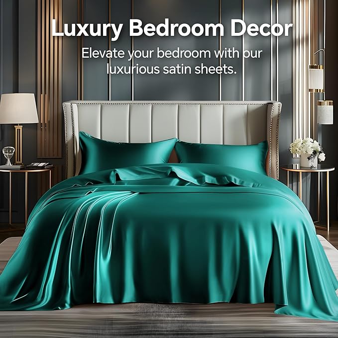 BEDELITE Satin Sheets Twin Size Bed Set, Luxury Soft Teal Silky Sheets for Hair and Skin, Similar to Silk Bed Sheets Set 3 Pieces with 1 Deep Pocket Fitted Sheet, 1 Flat Sheet, and 1 Pillowcase