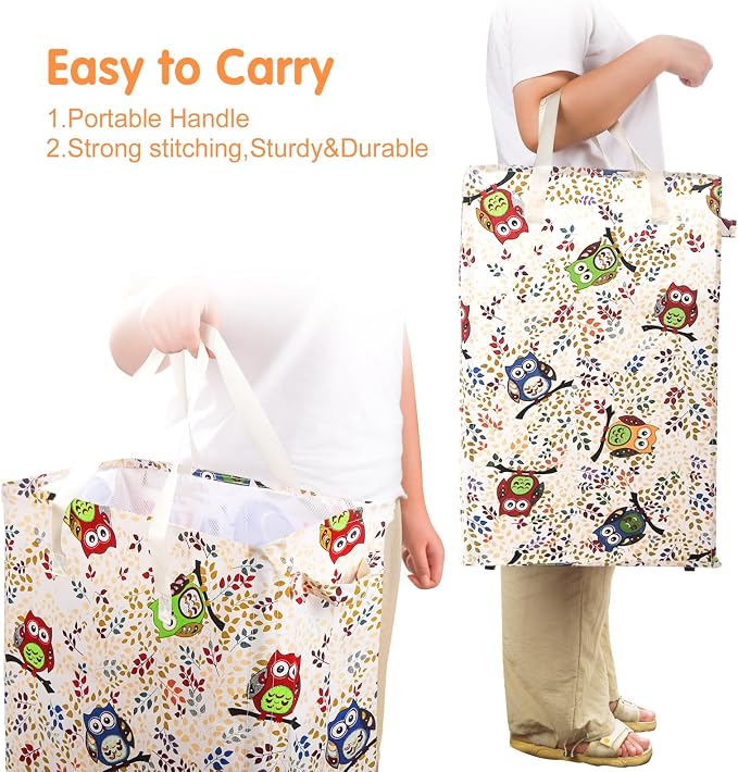 Odonata Slim Laundry Hamper Handles Collapsible Laundry Basket Thin Dirty Clothes Basket Narrow Laundry Bag Foldable Dirty Hamper 48L (Owl) - Image 4