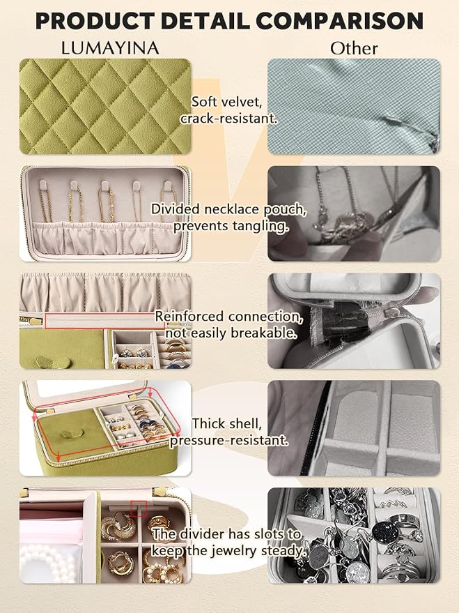 Velvet Travel Jewelry Box with Large Mirror, Double-Layer Jewelry Organizer Case for Women and Girls, Portable Storage Case with 6 Anti-Tarnish Bags Gift Ready for Her (Avocado Green) - Image 6