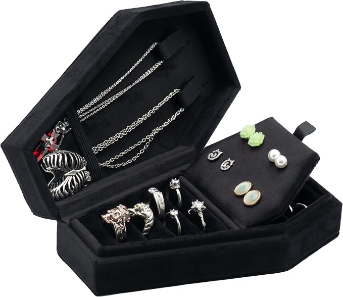 Velvet Coffin Jewelry Travel Case Holder for Gothic Wedding Ceremony Jewelry Organizer Decoration (Black 4 Grid) - Image 3