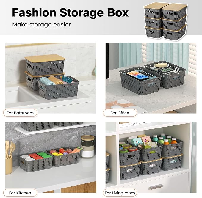 Plastic Storage Baskets With Bamboo Lid - Plastic Storage Containers Stackable Storage bins: Storage Baskets for Organizing Shelves Drawers Desktop Closet Playroom Classroom Office, 6 Pack, Gray - Image 7