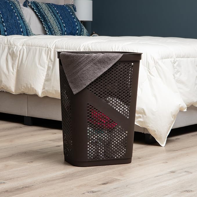 Mind Reader Slim Laundry Hamper with Lid, 60L Clothes Basket, Ventilated Plastic, Brown - Image 2