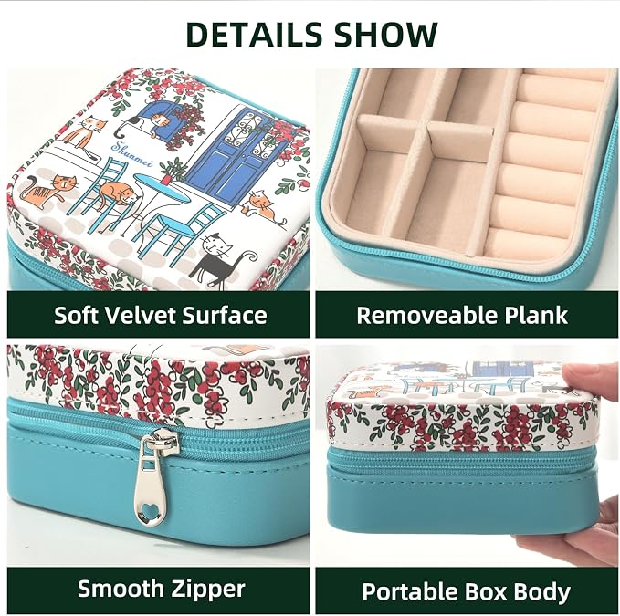 shunmei Mini Travel Jewelry Box,PU Leather Portable Jewelry Organizer Case,Art Accessories Storage Holder Boxes for Earring, Necklace, Rings, Bracelets (Six Cats) - Image 6