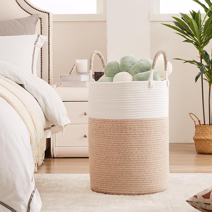 80L Extra Large Laundry Hamper Basket Tall Woven Rope Clothes Hamper Blanket Basket for Living Room Bathroom Bedroom Brown 16"L x 16"W x 22"H - Image 4