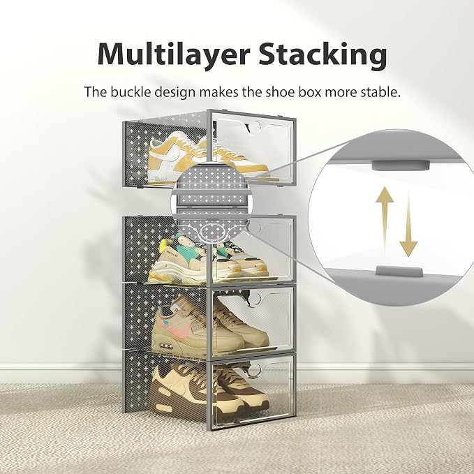 Pinkpum 12 Pack XXL Shoe Storage Box Fit for Size 14, Clear Plastic Stackable Shoe Organizer for Closet, Shoe Containers Sneaker Storage Clear and Grey - Image 3