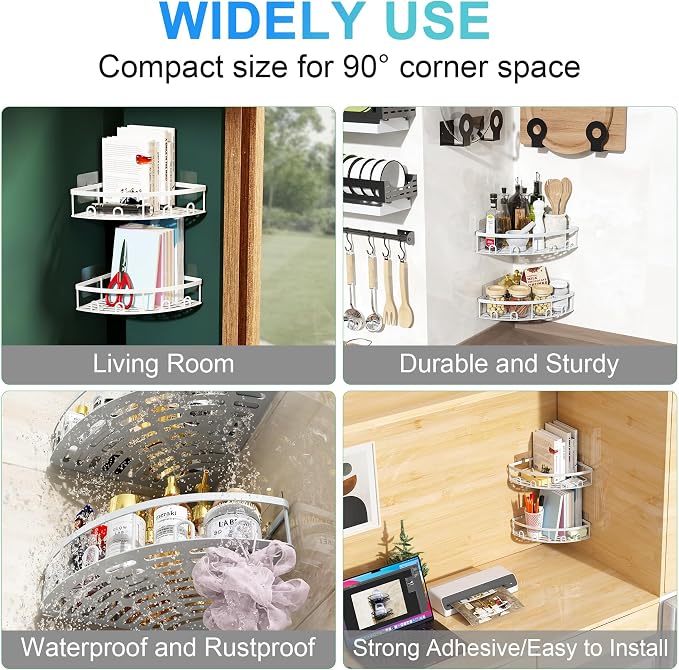 Corner Shower Caddy, 2 Pack Adhesive Bathroom Shower Corner Organizer Shelf, No Drilling Rustproof Wall Mounted Shower Storage Rack Shampoo Holder Organizer (White) - Image 7