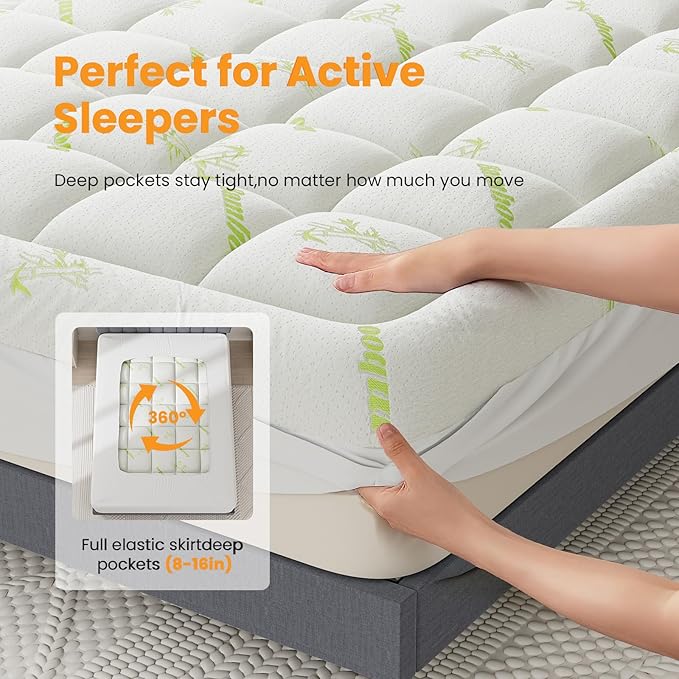 King Cooling Pillow Top Mattress Topper – Ultra-Soft Bamboo Viscose Cover, Deep Pocket 8-16" Stretch Skirt, Oeko-TEX & CertiPUR-US Certified Plush Pad for Back Pain Relief