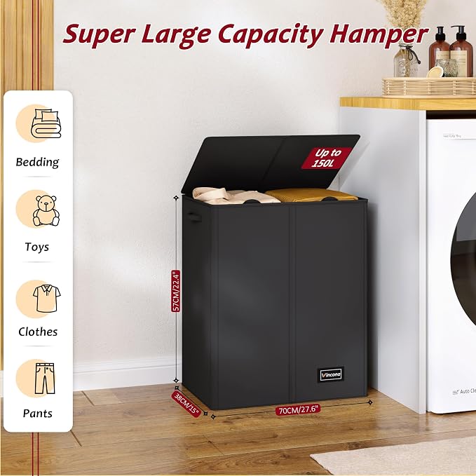 150L Laundry Hamper 2 Section, Large Laundry Hamper with Lid, Dirty Clothes Hamper with 2 Removable Inner Bags, Collapsible Laundry Basket Organizer for for Clothes Toys Towels, Hamper 2 Compartment - Image 2