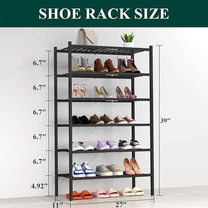 Smiry Shoe Rack, 6 Tier Thick Bamboo Shoe Organizer, Stackable Free Standing Wooden Shoe Storage Shelf for Closet, Entryway, Front Door Entrance, Black - Image 2