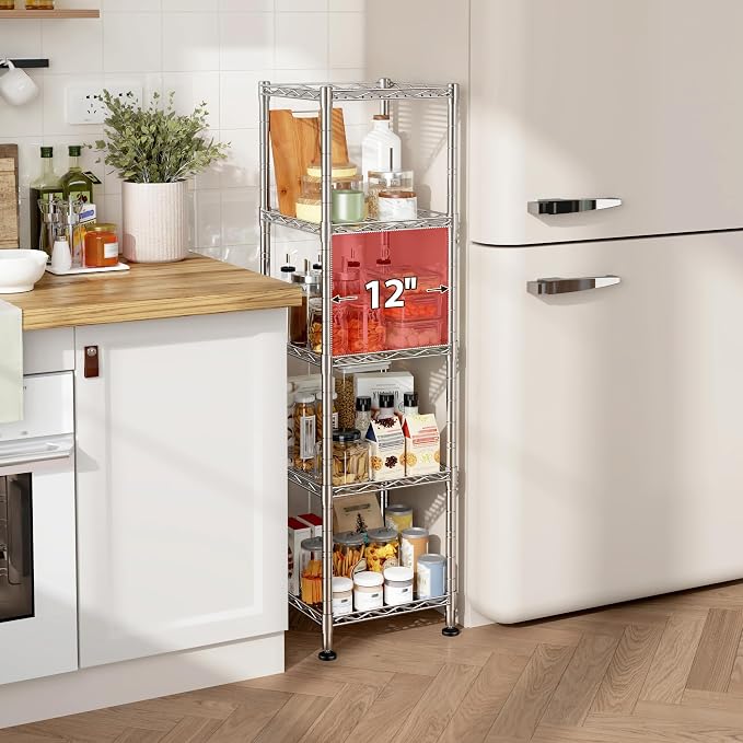 DurayLoly Set of 2 Metal Shelving-5 Tier Storage Shelves:AdjustableShelving and Units Standing Shelving Storage Rack Narrow Shelf for Kitchen Pantry Closet Office 12''Wx12''Dx49''H Chrome - Image 8