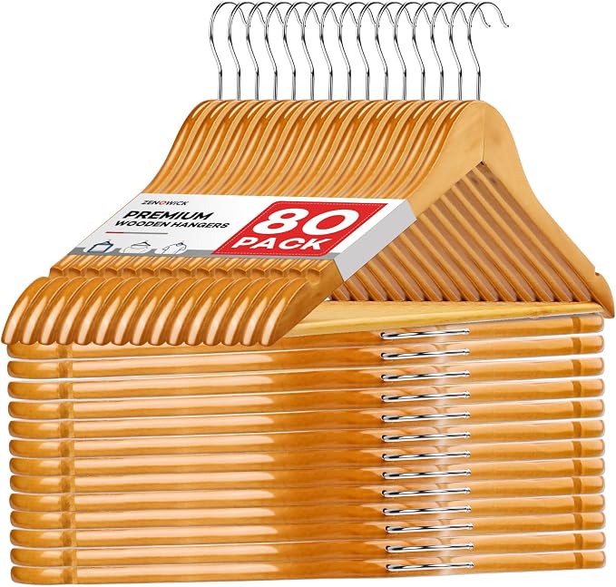 Wooden Hangers 80 Pack,Wood Hangers for Coats, Suits, Jackets, Closet & Pants Durable Premium Wood Hangers with 360-Degree Rotatable Hook and Notches, Natural by Zenowick