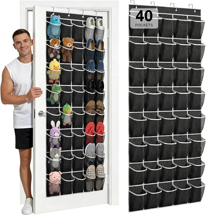 40-Pocket Over the Door Shoe Organizer - Large Mesh Pocket Hanging Shoe Organizer,Behind the Door Shoes Storage Holder Hanger (Black-W) by Unknown