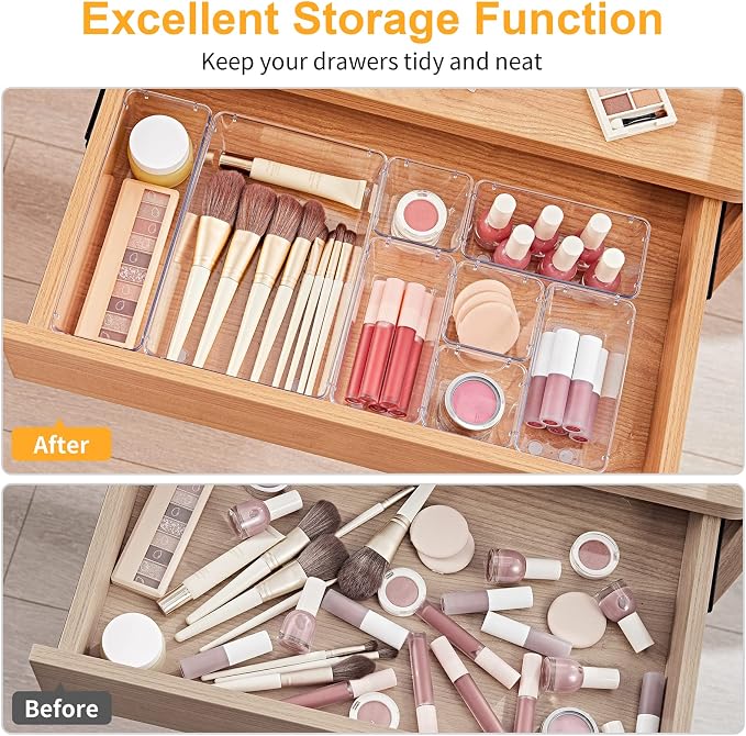 SMARTAKE 28 Piece Drawer Organizers with Non-Slip Silicone Pads, 4-Size Desk Drawer Organizer Trays Storage Tray for Makeup, Jewelries, Utensils in Bedroom Dresser, Office and Kitchen, Clear - Image 4