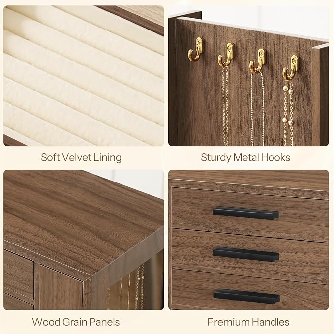 HOOBRO 5-Tier Jewelry Box, Wooden Jewelry Organizer with Transparent Windows, Jewelry Storage Box with 2 Vertical Drawers, for Earring, Necklace, Bracelet, Ring, Watch, Walnut and Black BH19JB04 - Image 8
