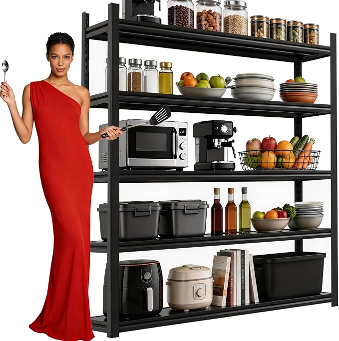 72" H Metal Kitchen Shelves, 5 Tier Kitchen Pantry Cabinet, 3000 lbs Adjustable Standing Shelf and Thickened Double-Layer Posts for Garage,Warehouse,Basement, Kitchen Black (72×36×14in) by FlyDzrewtGarageShelving