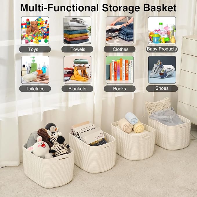 ICERZCZ Storage Baskets for Organizing & Shelves, Woven Cotton Rope Organization Bins for Dog Toys, Clothes, Books, Nursery Organizer, 15" Lx11''Wx9.5''H, (4 Packs) Off White - Image 4
